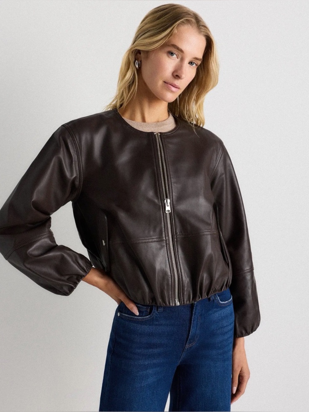 Quince 100% Leather Collarless Cropped Bubble Hem Jacket XS NWT